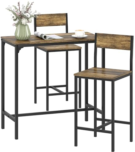 HOMCOM 3-Piece Bar Table and Stools Set, Industrial Breakfast Bar Set with Footrest, Backrest, Metal Frame, Kitchen Table and 2 Chairs for Dining Room, Small Space, Rustic Brown