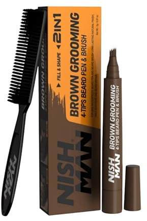 NISHMAN 2-in-1 Grooming Beard Pen & Brush – Brown – 4-Tip Precision Beard Filler for Men – Natural Beard & Hairline Definition – Smudge-Free, Long-Lasting Formula for a Clean, Sharp Look