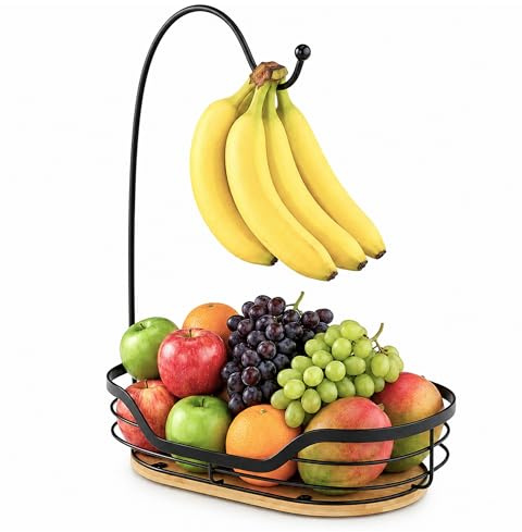 Dvocel Frutero con soporte para plátanos – Frutero de metal con base de bambú, cesta de frutas para cocina encimera y mesa, moderno soporte de frutas para frutas, verduras, pan y aperitivos, cesta de