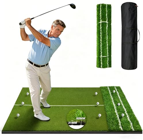 Large Golf Practice Mat 1.2x1.5M, Dual-Turf Golf Hitting Mat with Built-in Ball Tray, Alignment Lines, 3 Tees & 9 Practice Balls, Indoor Outdoor Golf Training Mat for Garden, Backyard & Garage