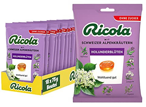 Ricola Ädelblommor, schweizisk örtgodis, 18 x 75 g påse, utan socker, lugnande och uppfriskande njutning