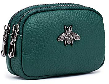 ZOONAI Genuine Leather Double Zipper Coin Purse Bee Change Pouch Credit Card Holder (Green)