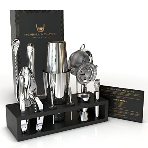Highball & Chaser Barkeeper-Kit Cocktail-Shaker-Set mit schwarzem Ständer und Getränkemix-Set Martini-Bar-Set mit Mixology-Barwerkzeug-Set Bestes Barzubehör und Barzubehör (Silber) 2 oz