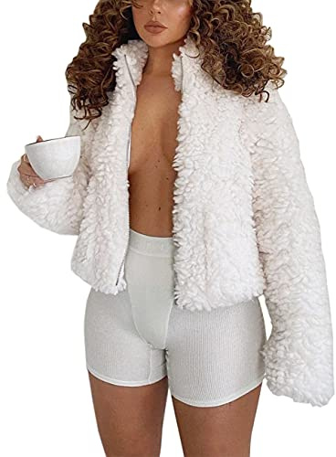 JIKAL Oversized White Fur Coat Long Sleeve Boucle Zip Up Snug Shearling Teddy Faux Fur Jacket with Pockets for Women