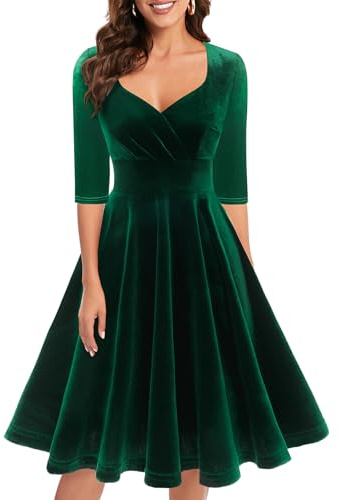 Bbonlinedress Vestidos Invierno Mujer Vestidos Invitada Boda Navidad de Fiesta de Cóctel de Terciopelo para Mujeres Cuello V Manga Larga V-Dark Green 2XL