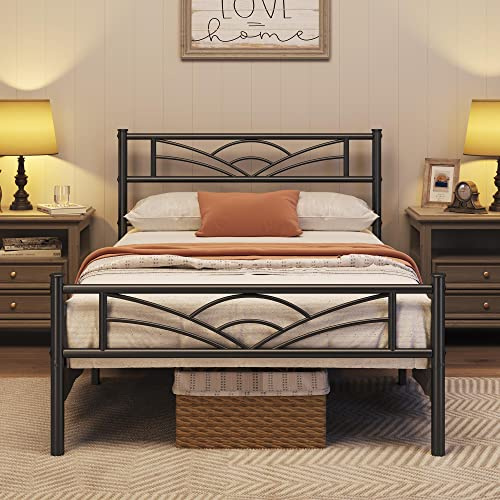 costoffs 3ft Single Bed, Solid Metal Bed Frame, Slatted Bed Base with Cloud-inspired Design Headboard and Footboard for Teenagers Adults, Black