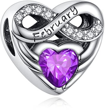 BEEUVIP Damen Unendlichkeit Liebe Herz Geburtsstein Februar Charm Anhänger für Armband 925 Sterling Silber Geburtsstein Charms Beads passend für Armband