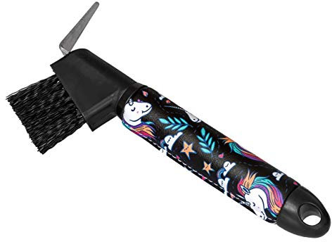 Start Hufkratzer mit Bürste – Einhorn-Motiv auf Öko-Leder | ergonomischer Griff, zuverlässige 2-in-1 Reinigung - Unicorn (Schwarz)