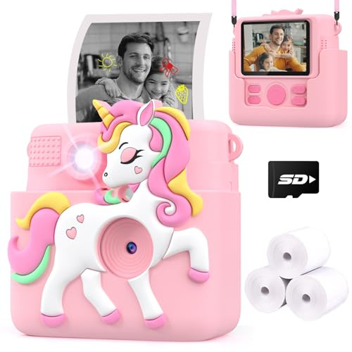 Kids Camera Instant Print with Silicone Cover, Creative Gifts for Girls Age 4-12 Birthday Christmas, 1080P Digital Camera Toy with Memory Card - Pink