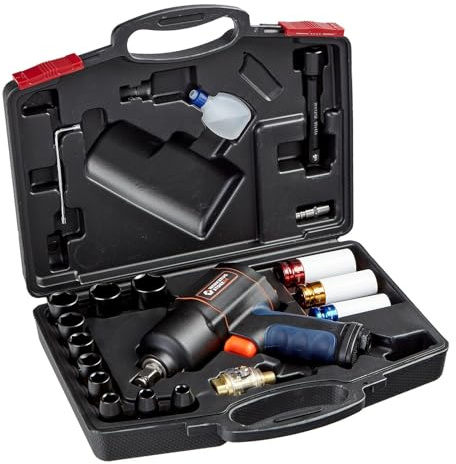 WS24 Druckluft Schlagschrauber Set 20teilig, 1/2 Zoll inkl. Steckschlüsseleinsätze und 125mm Verlängerung im praktischen Transportkoffer