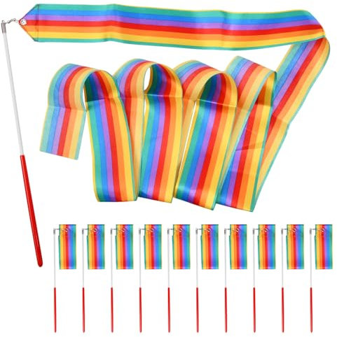 Wisebom 10 Stück Gymnastikband mit Stab, 2 m Kinder Tanzen Streamer Rhythmische Sportgymnastik Band, Gymnastik Farbband Tanzbänder für Kinder Erwachsene Künstlerische Tanzt Gymnastik (Bunt)