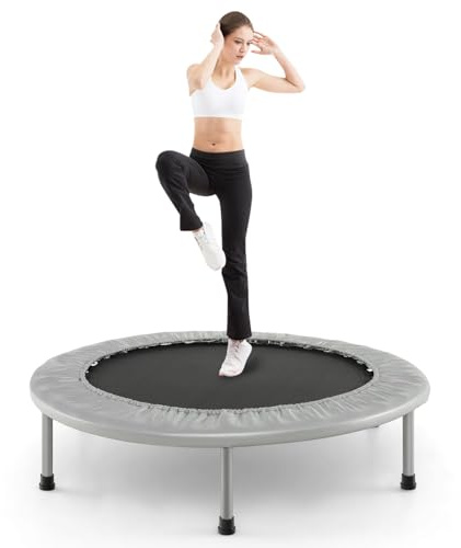 Giantex 38 Foldable Rebounder Trampoline for Adults, Stable & Quiet Small Exercise Trampoline with Safety Pad, Indoor Outdoor Mini Fitness Trampoline for Adults Kids Workout, Max Load 330lbs, Grey