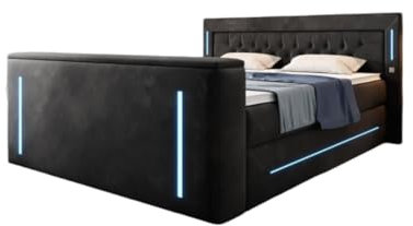 Boxspringbett Divalo 140x200 Doppelbett Polsterbett Bett mit TV Lift und Stauraum | Bezug: Samt | Farbe: Schwarz | Härtegrad: H2 (bis 70kg)