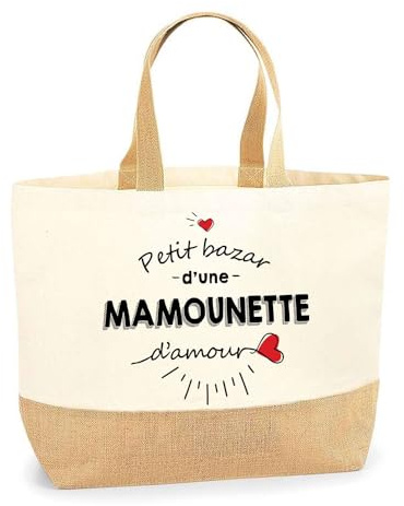 Planetee Sac Mamounette d'Amour | Cabas de Plage Courses Coton et Toile de Jute Idée Cadeau Femme