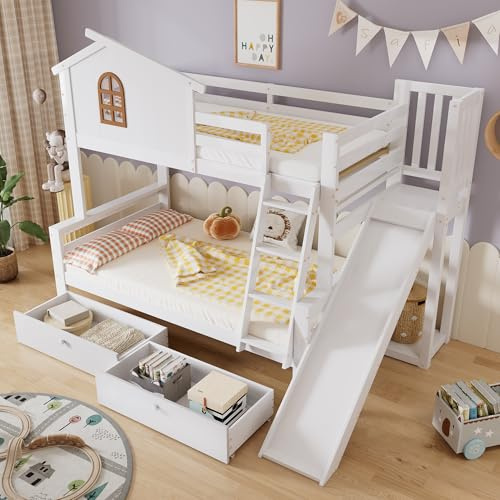 Gelukueub Letto a castello con finestre caratteristiche e scala a pioli a quattro livelli, letto per bambini e mamma con scivolo, con due cassetti, telaio del letto in legno massiccio, bianco, 90 x