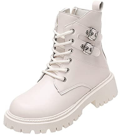 OBiQuzz Stivaletti da donna con tacco elegante, tacco a blocco, suola profilata, stivali da ciclismo, con fibbia, con plateau gotico, antiscivolo, stivali in pelle, bianco, 40