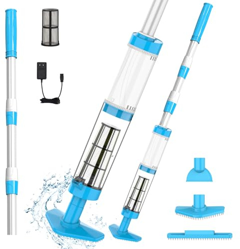 PoolyPoly Aspirador de Piscina a Bateria, 3 en 1 Limpiafondos para Piscina Inalámbrica con Mango Telescópico, Aspiradora Manual para SPA, Piscina Pequeñas, 90 Minutos Limpieza, Blanco