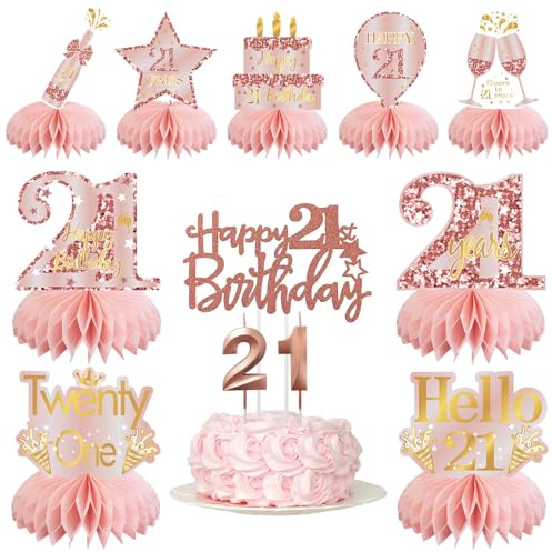 21st Birthday Decorations for Girls Her, 12Pcs Rose Gold Pink Twenty-one Table Centerpieces Decorations with Number Candles, Cake Toppers Set, 21st Birthday Gifts for Her