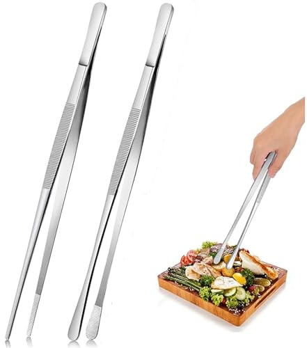 2 pinzas de cocina de 30 cm, pinzas finas, pinzas de carne inoxidables con superficie de agarre estriada, pinzas de cocina largas profesionales de acero inoxidable para barbacoa, mariscos, reparación