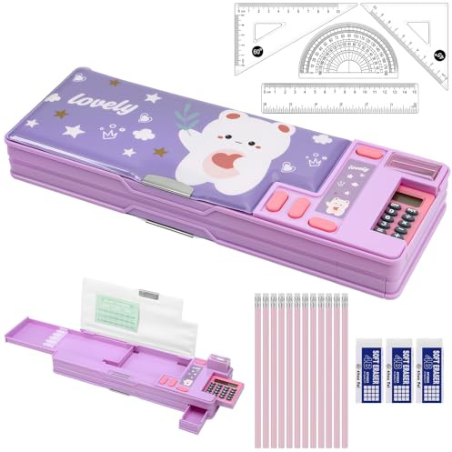 Candcamp 20Pcs School Supplies Stationery Set with Pop Up Multifunction Pencil Case, 4B Erasers, Rulers Set, HB Pencils, Essentials Stationary Set for Students Back to School Supplies, Purple