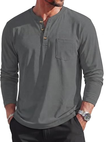 MAGCOMSEN Mens Long Sleeve Cotton T-Shirts Henley T-Shirt 3 Button Tops | Casual T-Shirt with Pocket, Lightweight, Breathable, Moisture-Wicking, Solid Colour