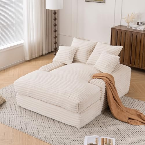 A ALFRESCOOL Boneless Couch, Chaiselongue, Cord Sofa,Boneless Sofa mit 4 Kissen, ohne Montage sofort nutzbar als Sofa oder Bett, platzsparend für Wohnzimmer, Apartment, Beige