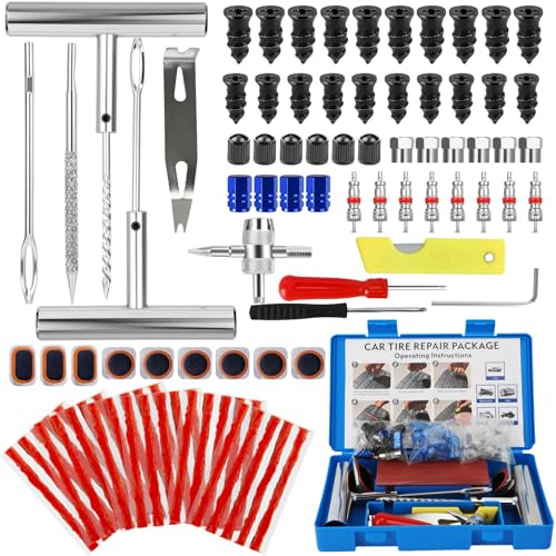 Kit de Reparación de Neumáticos 95 Piezas Kit Repara Pinchazos Coche Portátil Kit Antipinchazos Herramienta para Coche Moto Camión Bicicleta