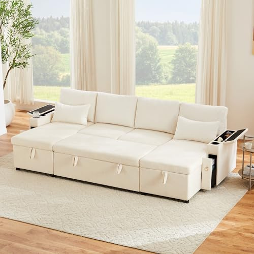 Rosebibi Divano letto a forma di U a 4 posti con portabevande, divano ad angolo con vano portaoggetti, divano letto con funzione sonno, inclusi portabevande e cuscini (beige)