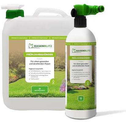 GAZONBLITZ Engrais liquide de printemps 5 L – pour un gazon dense et d'un vert intense – idéal en complément des semences de gazon – avec vaporisateur – s'utilise directement avec un tuyau d'arrosage