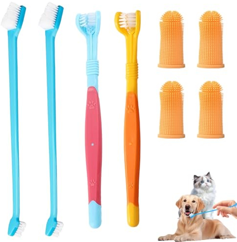 JIRVEX Set di 8 Spazzolini per Cani e Gatti - Spazzolino per Cani Triplo, Spazzolino a Doppia Testa, Spazzolino da Dito per Pulizia Denti Cane Piccoli, Medi e Grandi