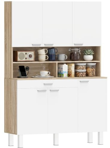 HOMCOM Buffet Haut Cuisine 6 Portes Tiroir 120x40x175cm Blanc Bois Naturel | Armoire de Cuisine, Vaisselier, Étagères Ouvertes, Style Moderne, Meuble de Rangement, Salon, Salle à Manger