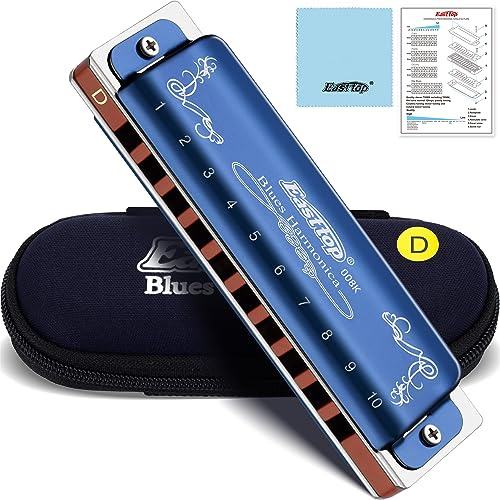 East top Diatonic Harmonica Key of D, 10 Holes 20 Tones 008K Diatonic Mouth Organ Harmonica with Blue Case, Standard Harmonica For Adults, Professionals and Students