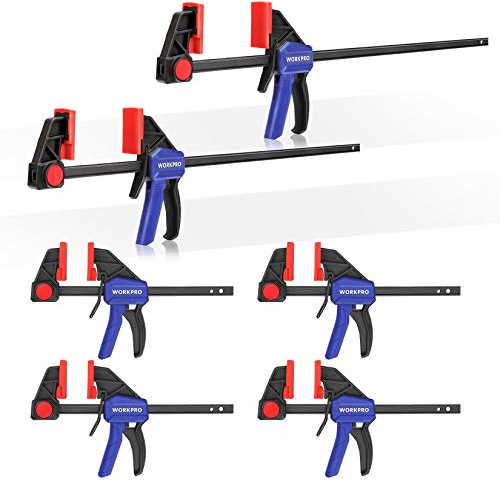 WORKPRO Bar Clamps for Woodworking, 6-Pack One-Handed Clamp/Spreader, 6-Inch (4) and 12-Inch (2) Wood Clamps Set, Light-Duty Quick-Change F Clamp with 150 lbs Load Limit Blue