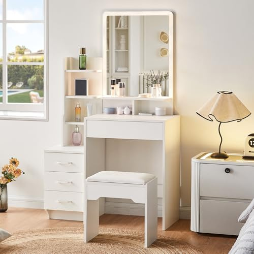 CLIPOP Weiß Schminktisch mit Spiegel,Frisiertisch mit 4 Schubladen und Hocker Modern Kosmetiktisch Make-up Tisch für Schlafzimmer aus Holz,87 x 40 x 144 cm
