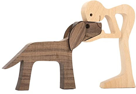 HUANRU Neueste Holzfiguren Skulptur Ornamente Set, abstrakte Stil Menschen mit Hund Statue, Freundschaft Zwischen Hund Und Menschen Denkmäler Statue Für Männer Frauen Jungen Mädchen Alte Leute