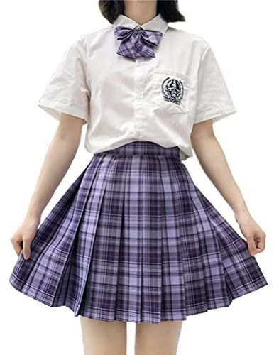 ORANDESIGNE Jupe Plissée Courte Taille Haute pour Femme JK Jupe Ecole de Tennis Evasée avec Doublure Mini Jupe à Carreaux T Violet S