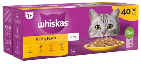 WHISKAS - 1+ Adult Wet Cat Food Pouches - 40 x 85 g - Poultry Selection - Bulk Cat Food Megapack - 40 Jelly Pouches