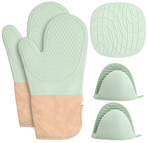 5pcs Topflappen Set Ofenhandschuhe Silikon Topfhandschuhe Silikon Topflappen Handschuh Ofenhandschuhe Hitzebestaendig Backofenhandschuhe Hitzebeständig Wasserdicht