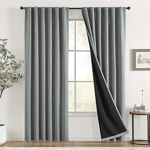 TOPICK Rideaux occultants avec passants et imprimé à pois argentés, rideaux thermiques pour la chambre d'enfant, lot de 2 pièces, 132 x 210 cm, gris