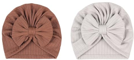 Hrlace 2 stycken babymössor för nyfödd babymössa, mjuk babyturbanmössa med rosett, infant, beanie, mössa, spädbarn, flicka, pojkar, mössa för baby, nyfödda, småbarn, brun + grå