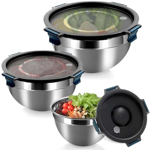 Daily Treasures Mixing Bowls with Airtight Lids - 3 Pieces Stainless Steel Mixing Bowl Set, Snap-Lock Airtight Food Prep Bowls, Metal Nesting Set for Kitchen,Salad, Dishwasher Safe (5L, 3L, 1.5L)