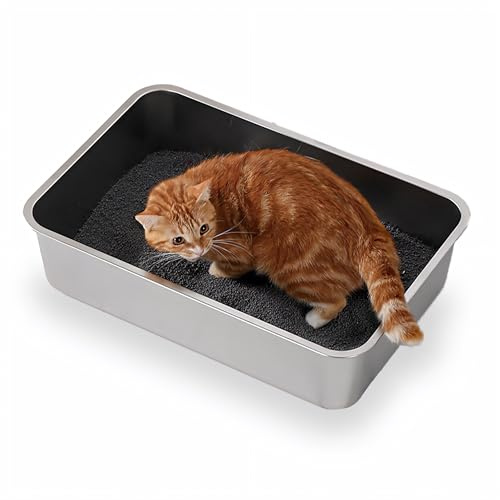Cat Litter Tray,Thicken Extra Large Stainless Steel Litter Box for Big and Small Cats & Rabbits,Splash-Proof,Easy to Clean Open,Never Absorbs Odors and Non Stick Surface Metal Cat Tray,40x30x10cm