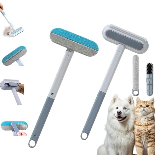 CWENDANER Eliminador de pelo de animales electrostático 4 en 1 (2 unidades) con varilla de extensión. Cepillo reutilizable para pelusa para perros y gatos en sofás, coches, alfombras, muebles y