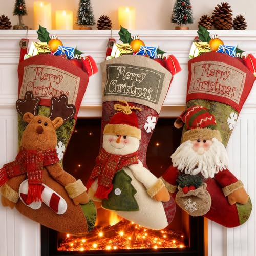 Mineup 3pcs Christmas Stockings, 18 inch Large Xmas Stockings, Large Santa Stocking with Santa Claus, Snowman, Bear Family Pack Stockings for Xmas Holiday Family Party Decorations