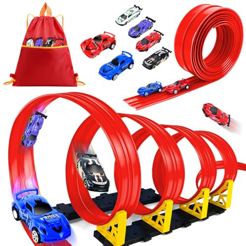 HERMORRYSS Circuit Voiture Enfant, 5 Mètres Piste de Course Voiture Flexible avec 6 Véhicules, Ventouse et Rampe, Piste de Voiture Jouet Librement Construite, Cadeau pour Garçons Filles 3+ Ans (Rouge)