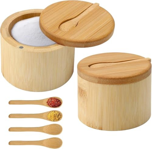 ZRUEWOT Saltburkar i bambu med magnetiskt lock och 6 skedar, kryddburk i naturligt trä, svängbart lock för förvaring, kryddförvaringslåda, 6 oz