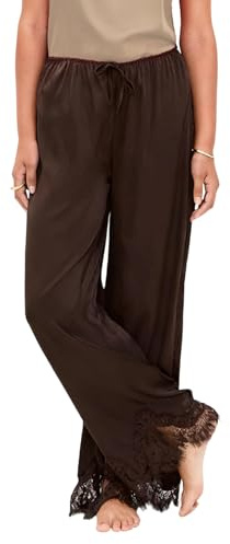 Lace Trim Satin Pants for Women Elastic Waist Solid Color Wide Leg Pjs Trousers Full Slips Pajama Bottoms Sleepwear (Brown, S)