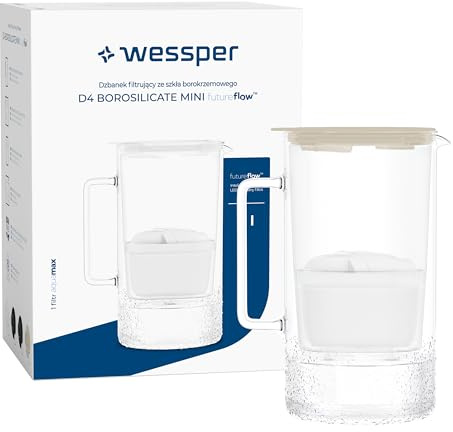 Wessper Jarra Filtrante de Vidrio de 2 litros, sin BPA Jarras para agua con Contador Inteligente de Filtros, jarra con Cartucho Filtrante de Carbón Activo y antical- Beige