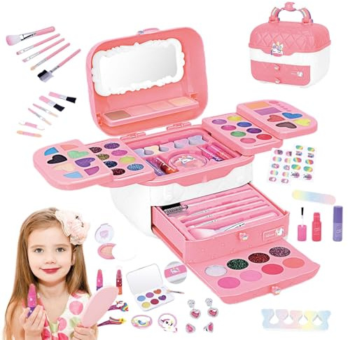 Mxshc Play Maquillaje,Kit de maquillaje para niños pequeños,Juguetes cosméticos reales lavables para niñas | Juego de maquillaje para niños con espejos para cumpleaños, Navidad, juego de de