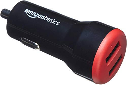 Amazon Basics USB-A-Autoladegerät mit 2 Anschlüssen - 24 W - für Telefone (iPhone 16/15/14/13/12/11/X, Samsung und mehr) - nicht PPS - Schwarz/Rot